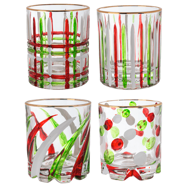 Ganz Gold Rimmed Red & Green Christmas Spinning Old Fashion Cut Glasses