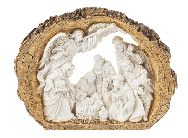 Ganz Ivory Nativity Scene Inside A Wood Log Figurine