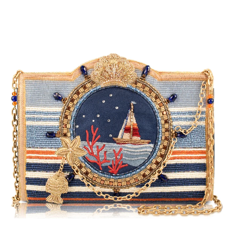 Mary Frances Set Sail Sailboat Scene In A Ship Wheel Striped Crossbody Clutch Purse